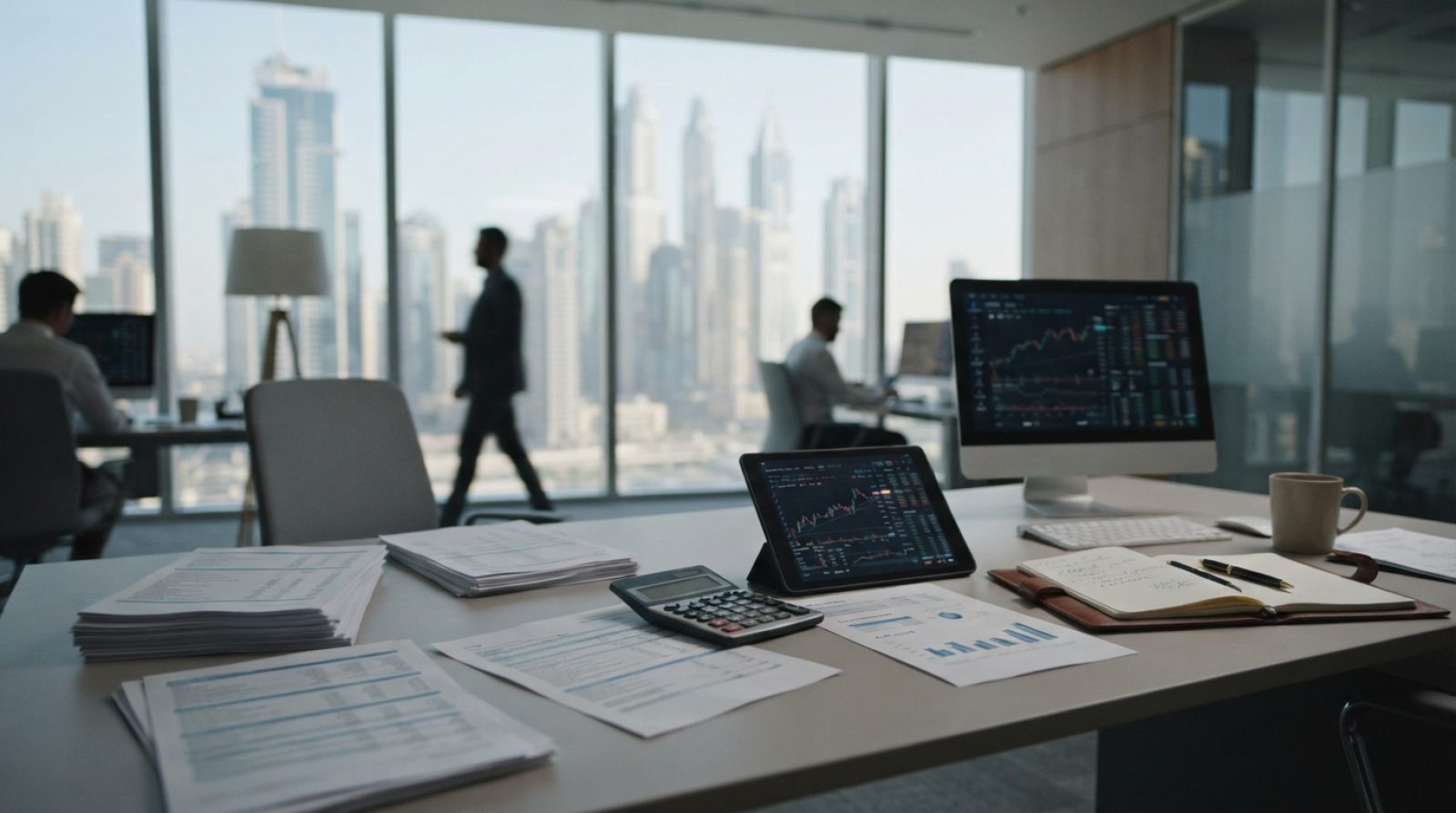 Illustration: A modern corporate office desk in Dubai with financial balance sheets, tax compliance documentation, a calculator, and digital tablet di