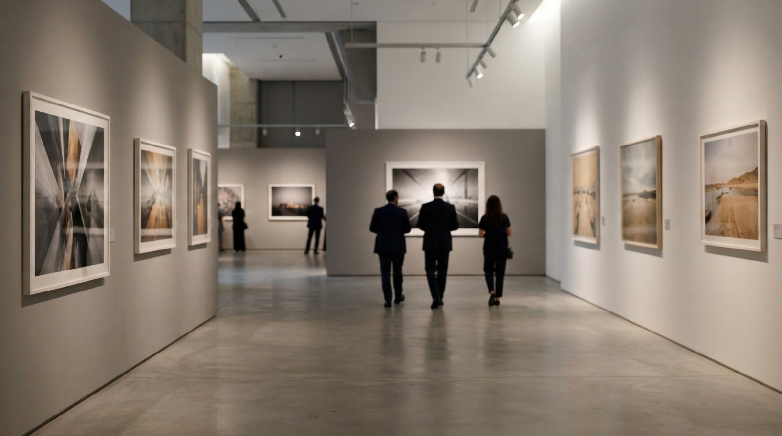 Illustration: A modern art and photography gallery exhibition hall with framed visual artworks on display walls under soft ceiling spotlights, visitor