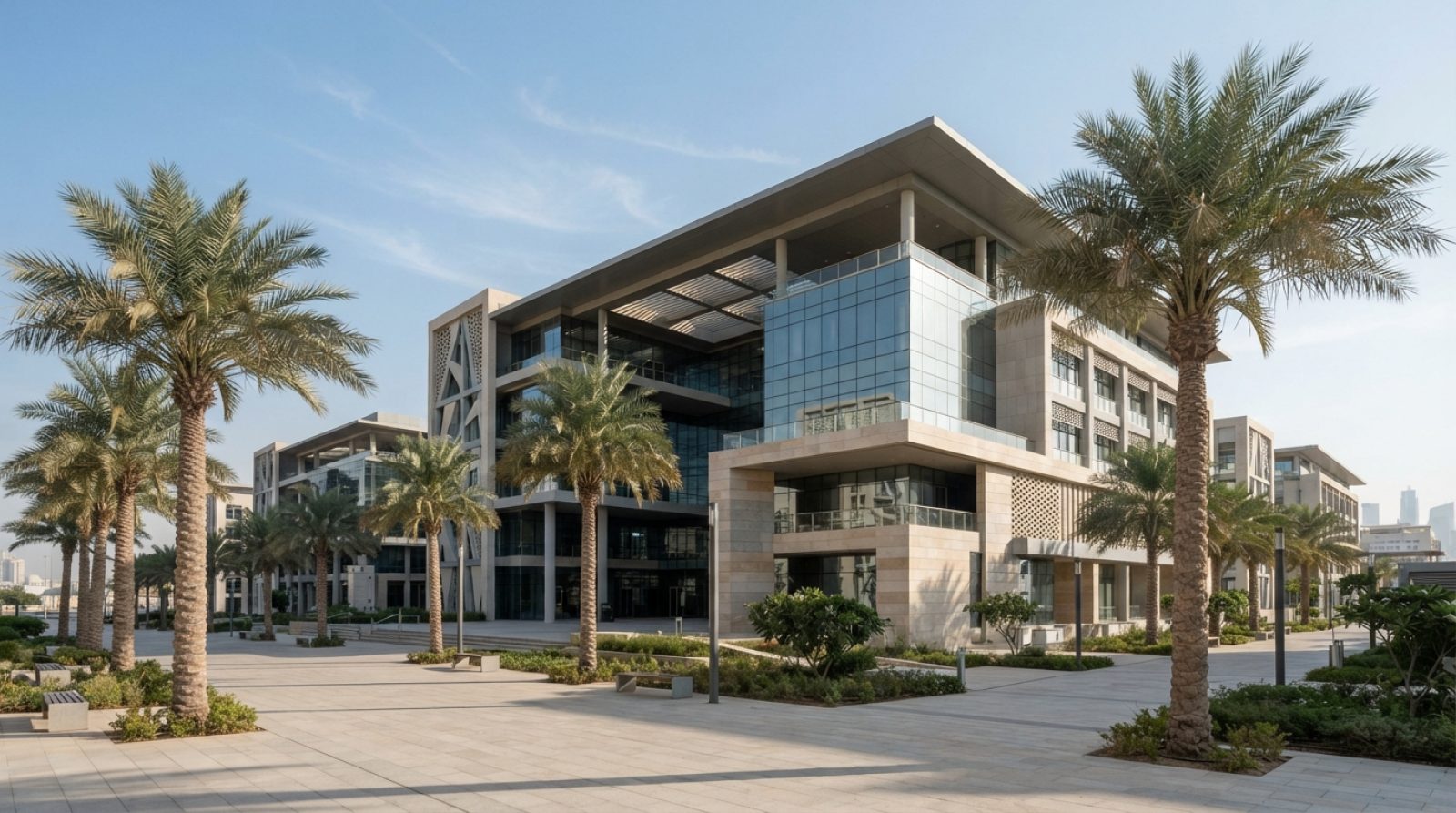 Illustration: Editorial photograph showing modern educational architecture in the United Arab Emirates with glass facades and manicured palm trees und