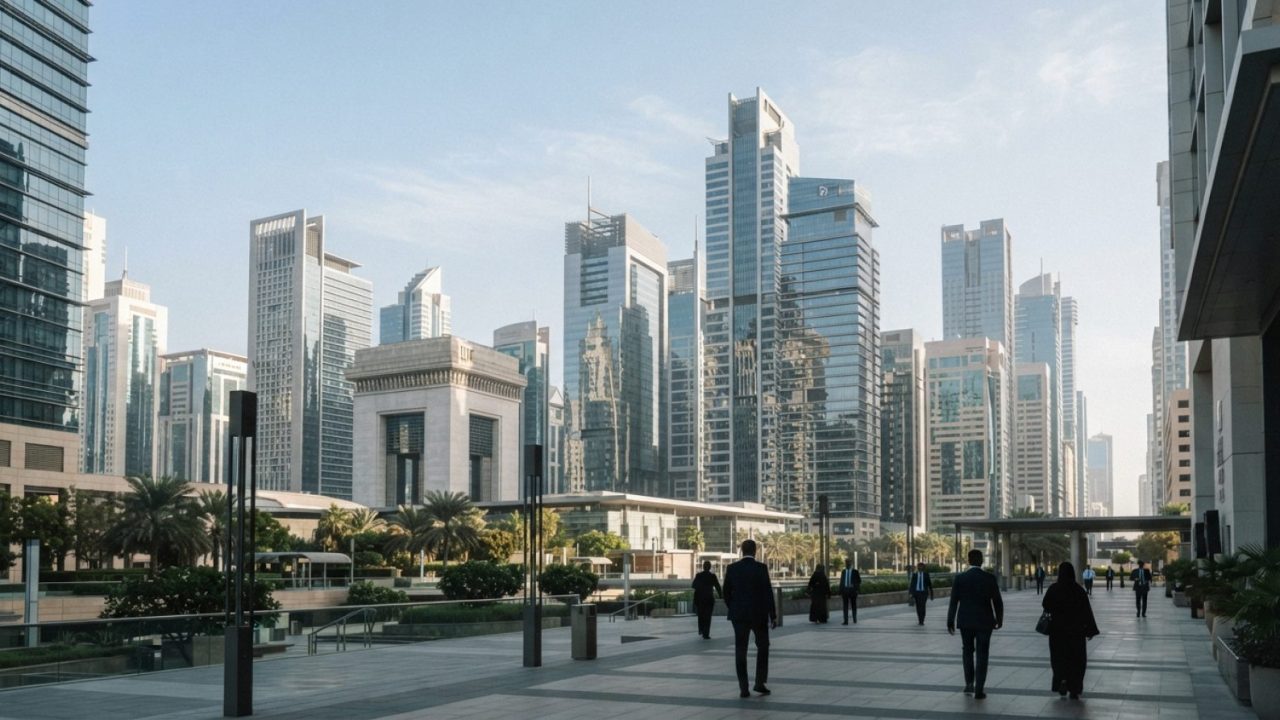 Illustration: Editorial photograph showing modern financial skyscrapers in Dubai International Financial Centre under clear morning light, with glass