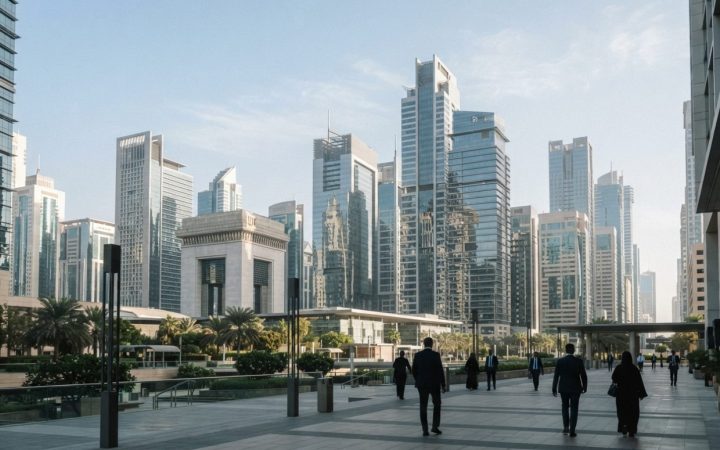 Illustration: Editorial photograph showing modern financial skyscrapers in Dubai International Financial Centre under clear morning light, with glass