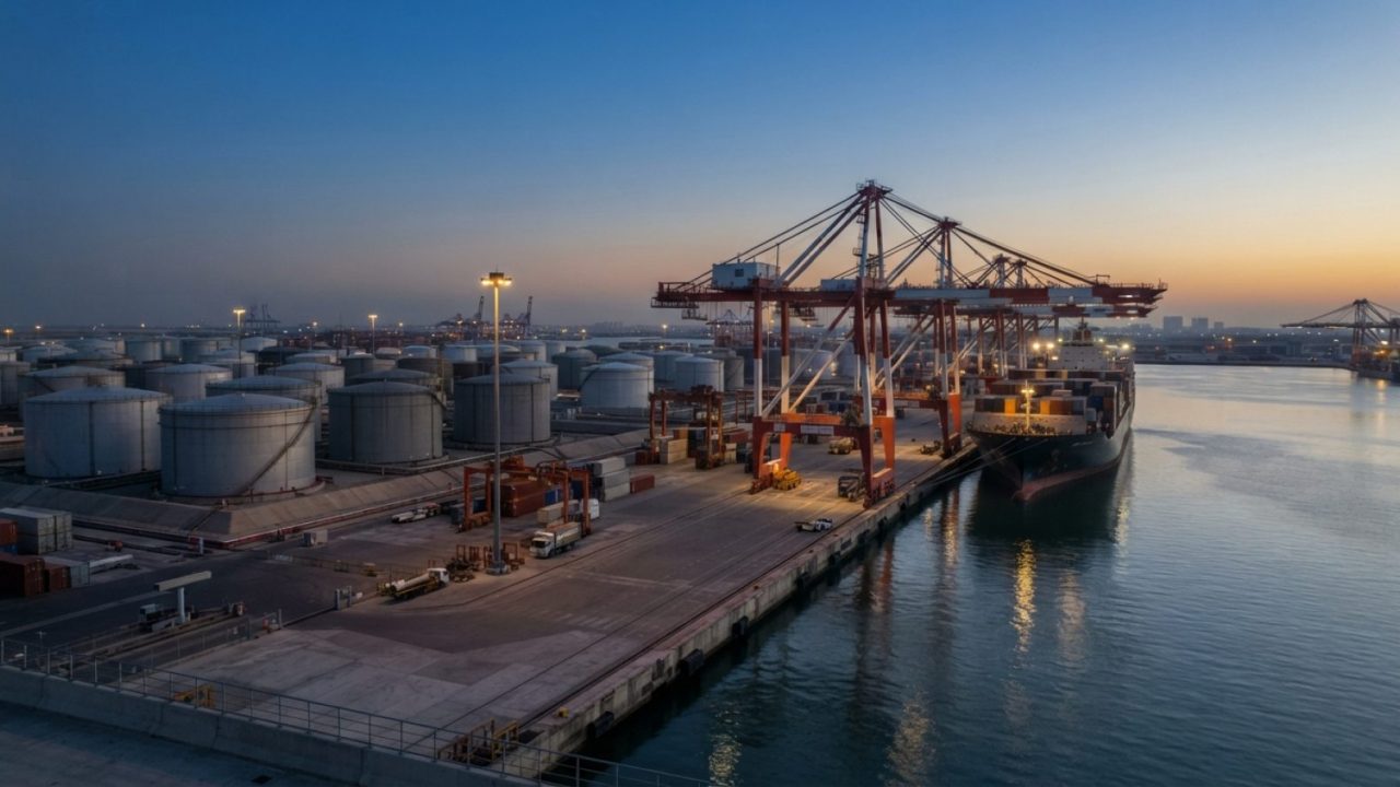 Illustration: Editorial news photograph showing large crude oil storage tanks and a commercial marine shipping terminal with container gantry cranes a