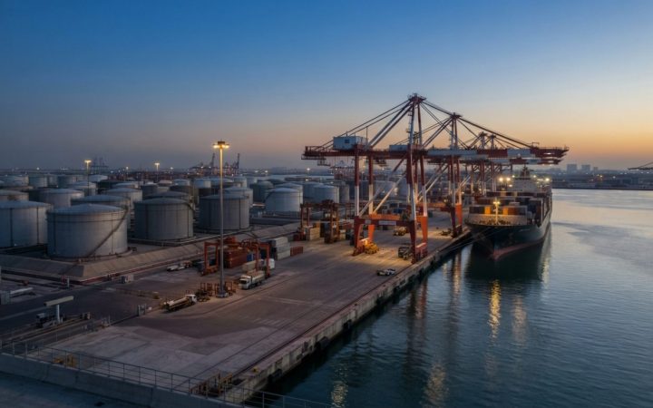 Illustration: Editorial news photograph showing large crude oil storage tanks and a commercial marine shipping terminal with container gantry cranes a
