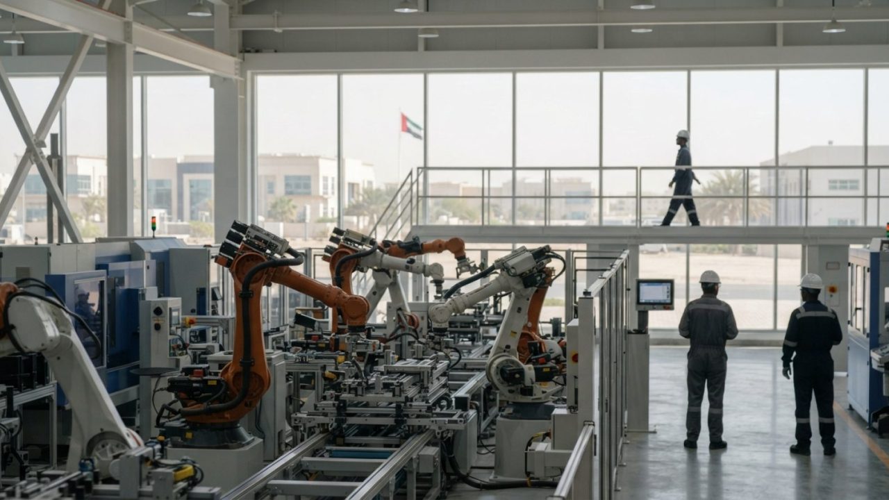 Illustration: A modern advanced industrial manufacturing and automation facility in an industrial park in the UAE, featuring robotic arms and high-tec