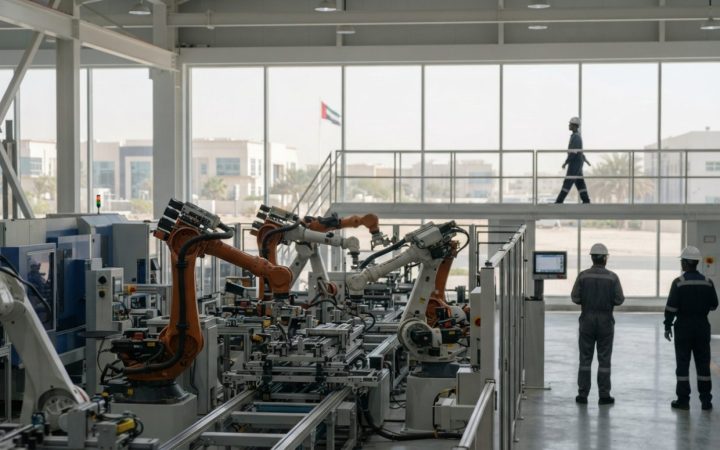 Illustration: A modern advanced industrial manufacturing and automation facility in an industrial park in the UAE, featuring robotic arms and high-tec