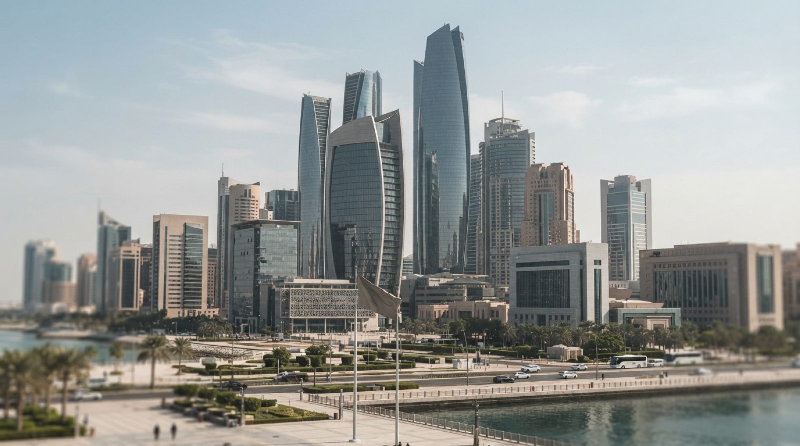 Illustration: Modern financial district office towers and ministry buildings in Abu Dhabi under clear daylight, representing corporate finance and tax