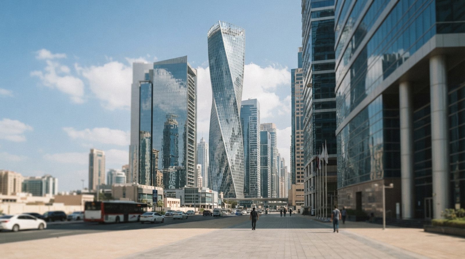 Illustration: Exterior view of modern financial district high-rise towers in Dubai with glass facades under clear sunlight, business district architec