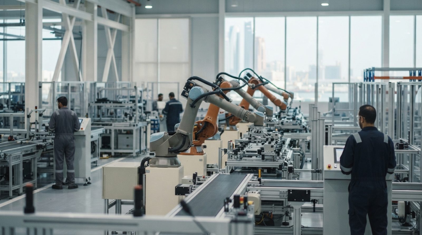 Illustration: A modern advanced industrial manufacturing and assembly facility in the Arabian Gulf, featuring automated robotic machinery and sleek in