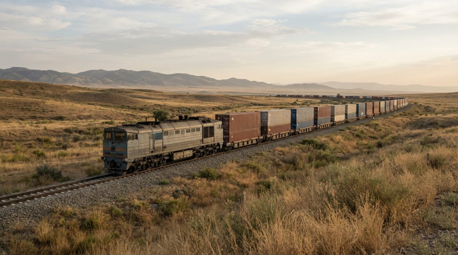 Illustration: A modern long-distance freight train loaded with shipping containers travelling along a single-track railway across an open, semi-arid s