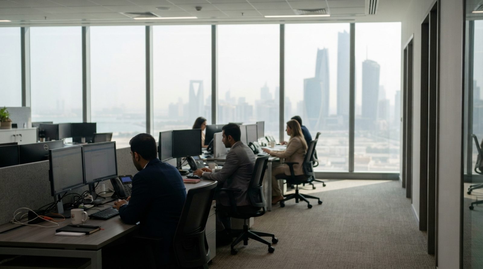 Illustration: A modern, bright corporate office interior in the United Arab Emirates with desks, computers, and floor-to-ceiling windows showing a haz
