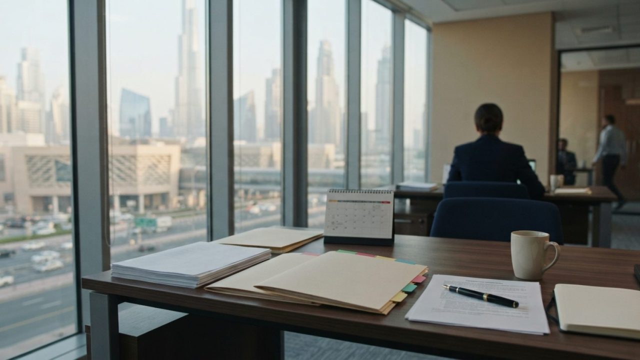 Illustration: A modern corporate office interior in Dubai showing a neatly arranged wooden desk with employment documentation, contract folders, and a
