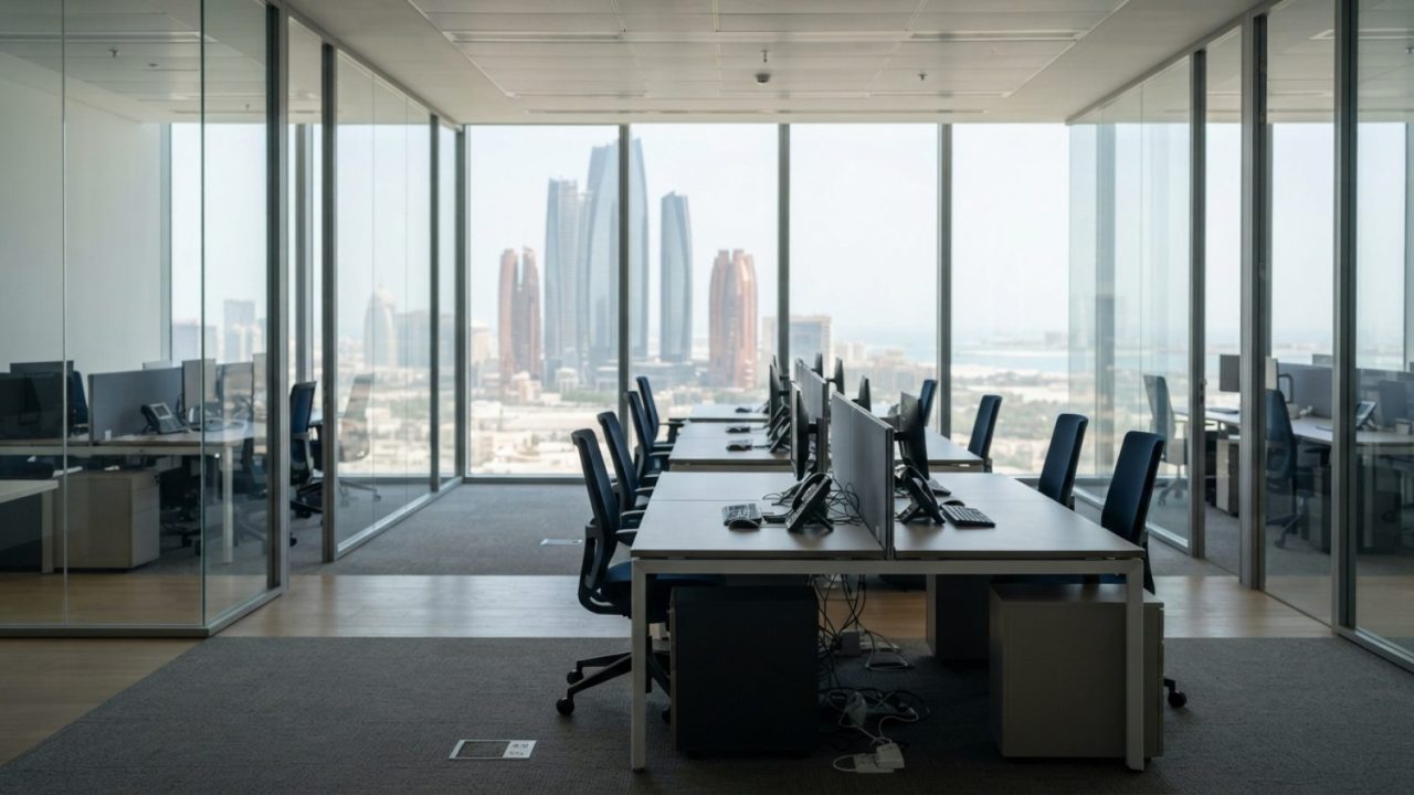 Illustration: A modern corporate office interior in the United Arab Emirates with clean desks, glass partitions, and natural daylight, devoid of peopl