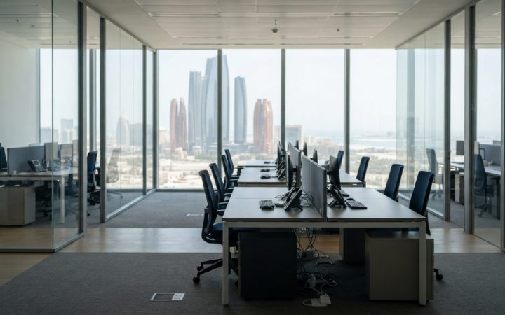 Illustration: A modern corporate office interior in the United Arab Emirates with clean desks, glass partitions, and natural daylight, devoid of peopl
