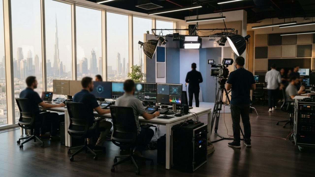 Illustration: Modern media production studio and creative digital co-working space in Dubai, with cameras, editing desks, and futuristic screens showi