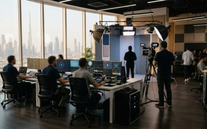 Illustration: Modern media production studio and creative digital co-working space in Dubai, with cameras, editing desks, and futuristic screens showi