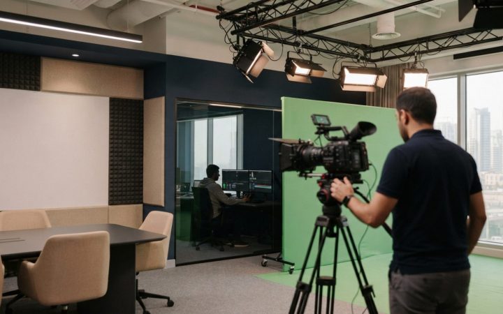 Illustration: A modern creative digital media production studio in Dubai, featuring professional camera equipment, studio lighting rigs, video editing