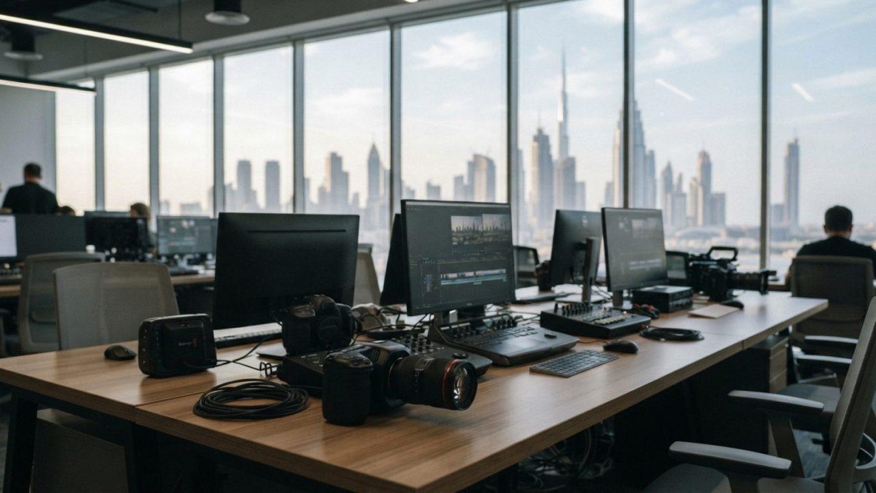 Illustration: A modern creative workspace in Dubai featuring digital cameras, lighting equipment, and editing monitors on clean wooden desks overlooki