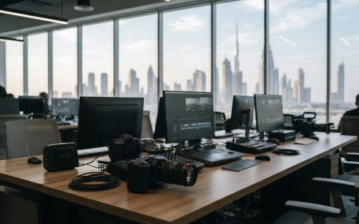 Illustration: A modern creative workspace in Dubai featuring digital cameras, lighting equipment, and editing monitors on clean wooden desks overlooki