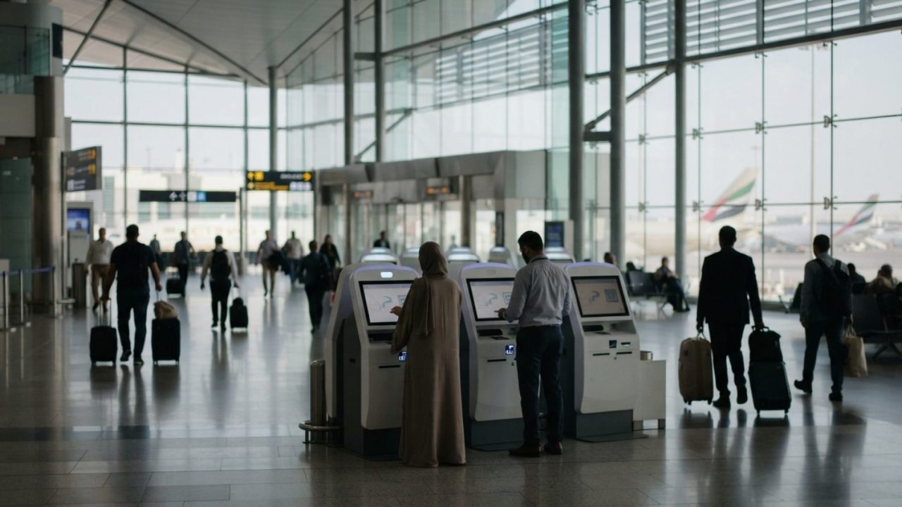 Illustration: A modern departure terminal interior at a major United Arab Emirates international airport, featuring automated digital self-service kio