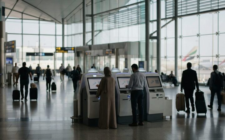 Illustration: A modern departure terminal interior at a major United Arab Emirates international airport, featuring automated digital self-service kio