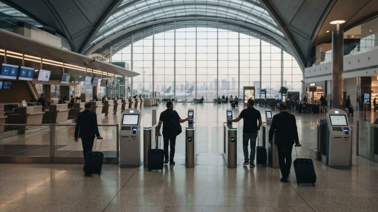 Illustration: A modern, well-lit airport terminal concourse featuring sleek automated smart gates, self-service digital information terminals, and tra