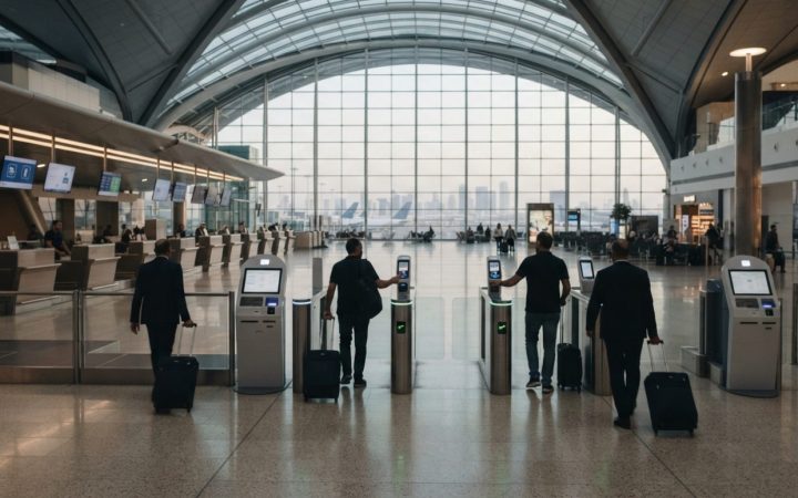 Illustration: A modern, well-lit airport terminal concourse featuring sleek automated smart gates, self-service digital information terminals, and tra