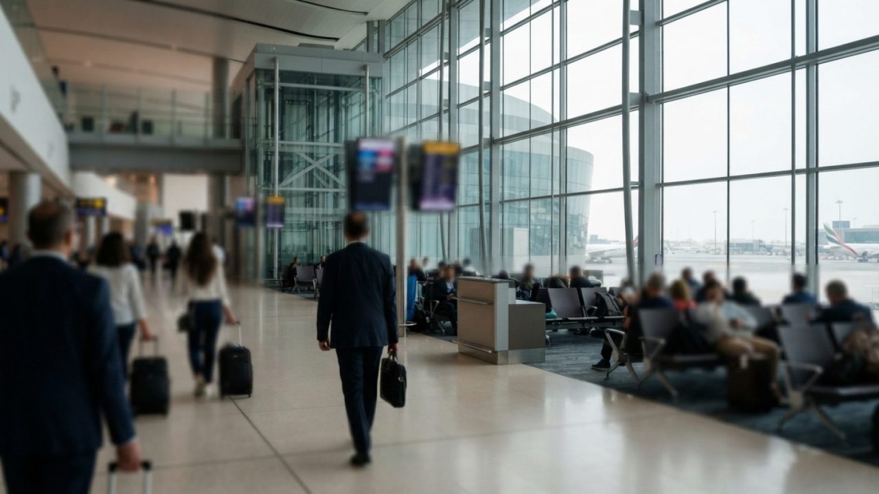 Illustration: A modern international airport terminal departure and arrival gate area in the United Arab Emirates with soft ambient lighting, clean ar