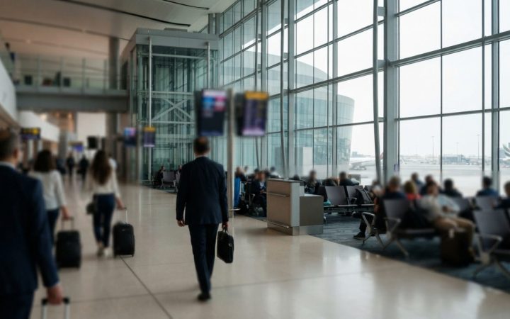 Illustration: A modern international airport terminal departure and arrival gate area in the United Arab Emirates with soft ambient lighting, clean ar
