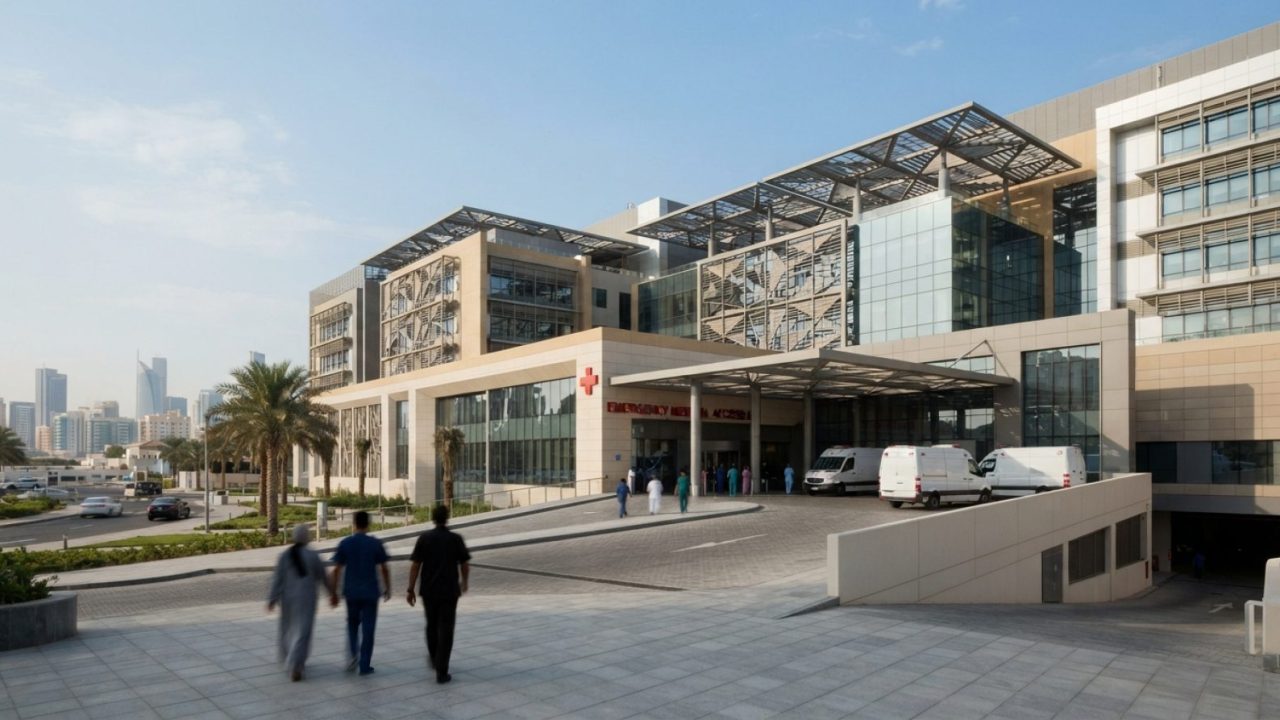Illustration: A modern hospital exterior in Abu Dhabi under bright daylight, featuring energy-efficient glass architecture, solar shading canopies, an