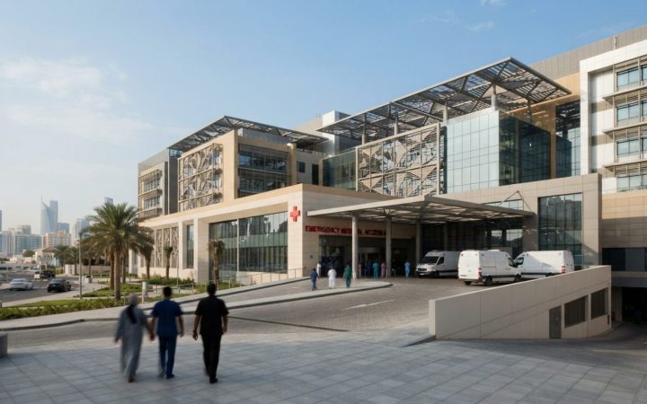 Illustration: A modern hospital exterior in Abu Dhabi under bright daylight, featuring energy-efficient glass architecture, solar shading canopies, an