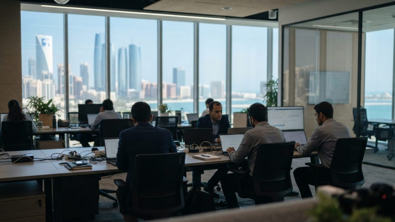 Illustration: A modern corporate office interior in Abu Dhabi with research and development professionals working on laptops and data displays, natura