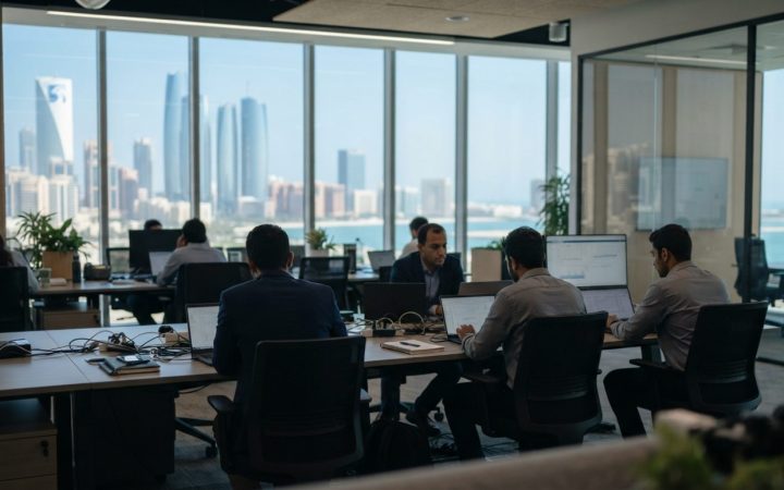 Illustration: A modern corporate office interior in Abu Dhabi with research and development professionals working on laptops and data displays, natura