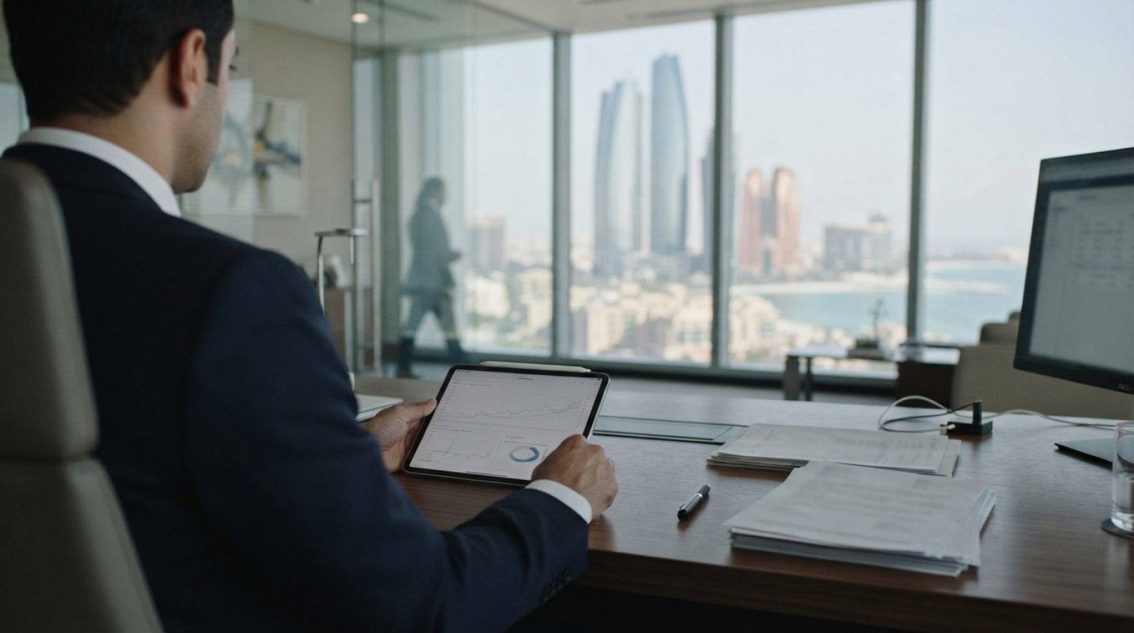 Illustration: A modern corporate office desk in the United Arab Emirates with a tablet and digital paperwork, reflecting streamlined corporate adminis