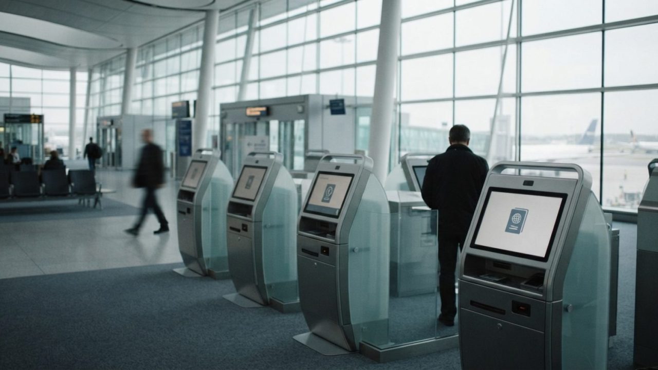 Illustration: A modern airport departure terminal interior with automated digital self-service tax refund kiosks, sleek glass architecture and soft li