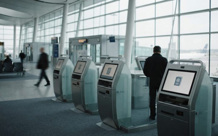 Illustration: A modern airport departure terminal interior with automated digital self-service tax refund kiosks, sleek glass architecture and soft li