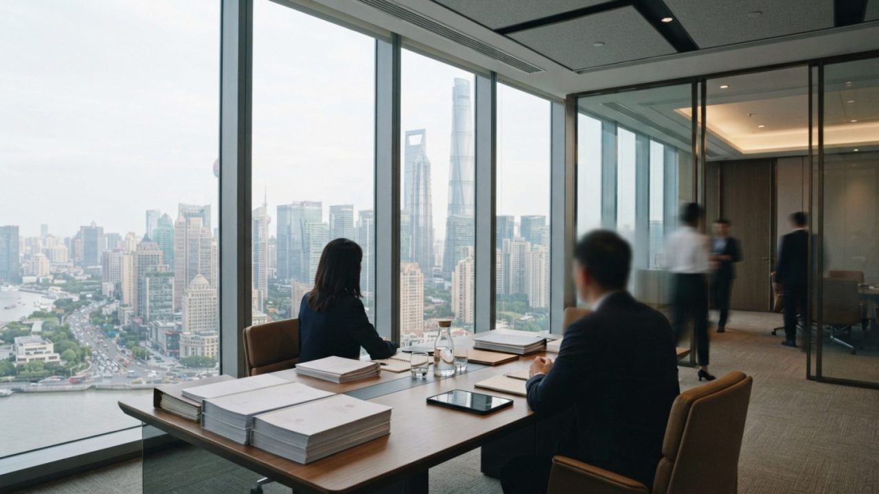 Illustration: A modern corporate law office in a Shanghai skyscraper overlooking the financial district skyline through floor-to-ceiling windows, with