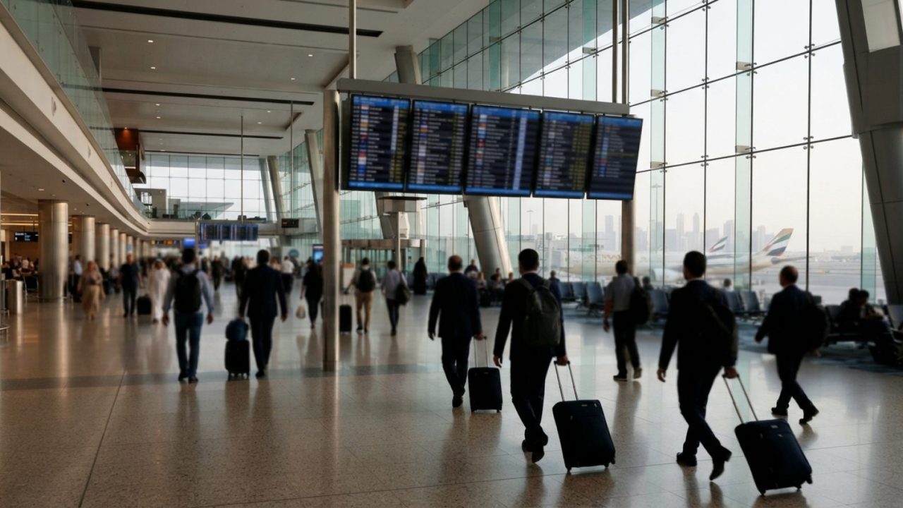 Illustration: A modern international airport terminal departure concourse with travelers walking past flight information display screens, clean archit