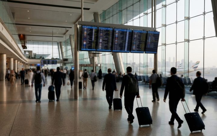 Illustration: A modern international airport terminal departure concourse with travelers walking past flight information display screens, clean archit
