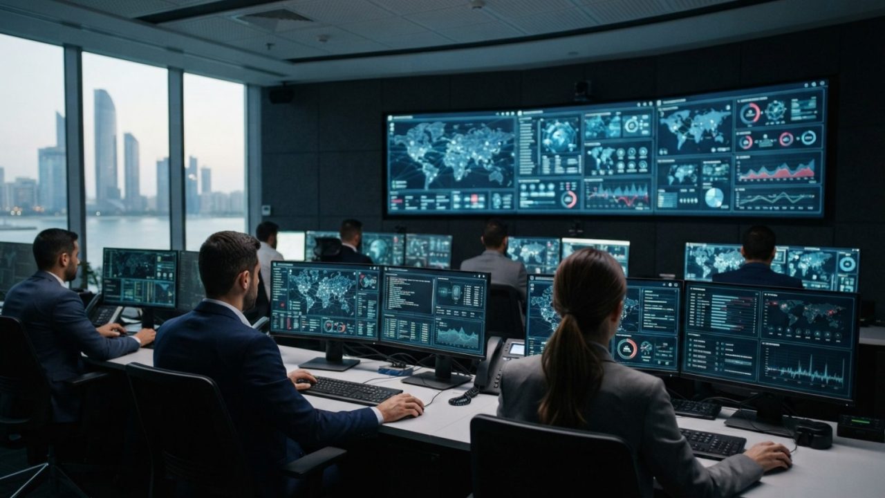 Illustration: A modern cyber defense and digital forensics operations control room, with multiple monitors displaying data flows, network maps, and di
