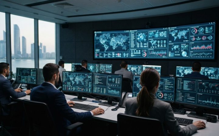 Illustration: A modern cyber defense and digital forensics operations control room, with multiple monitors displaying data flows, network maps, and di