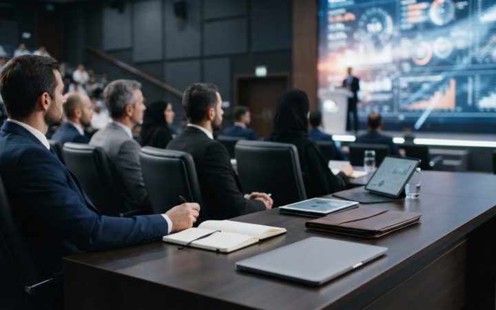 Illustration: Editorial photograph of modern technology investors and executives seated in a sleek conference auditorium in Sharjah, blurred digital s