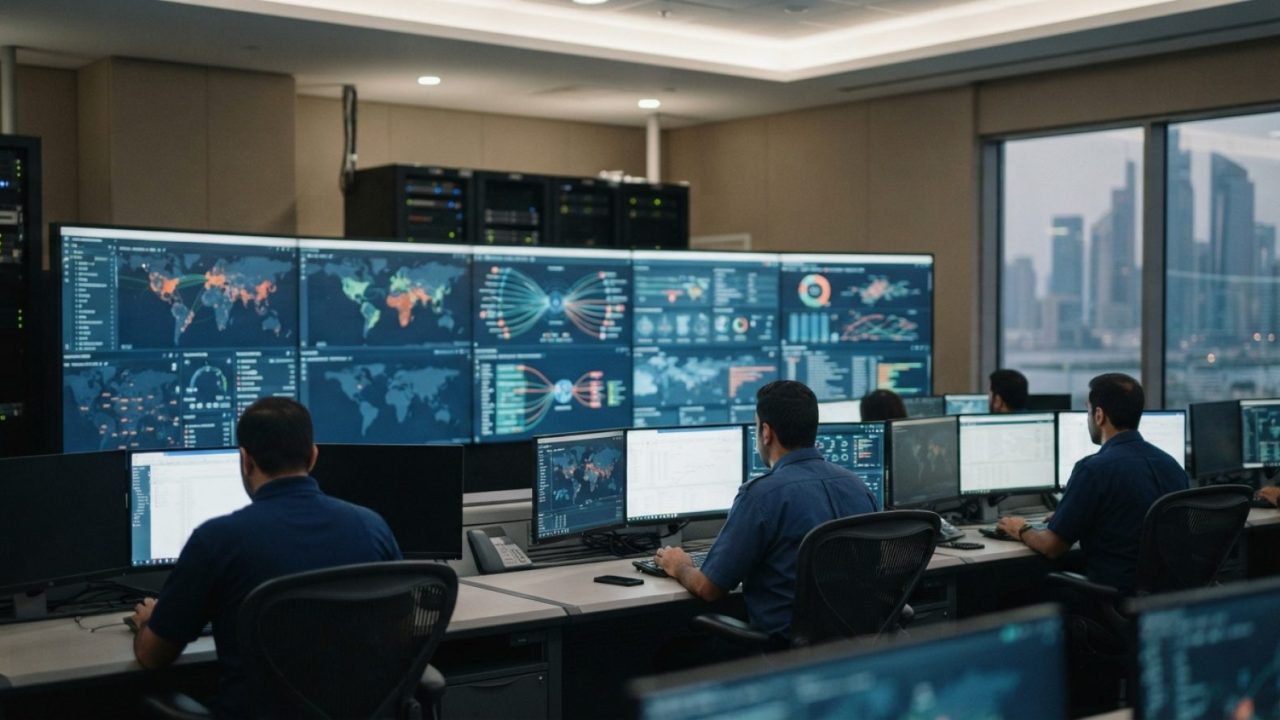 Illustration: A modern cybersecurity operations control room with multiple glowing digital screens displaying world maps, data flows, and network anal