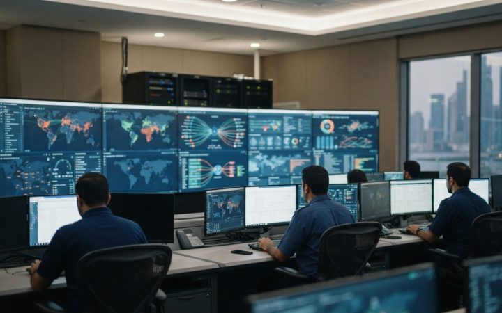 Illustration: A modern cybersecurity operations control room with multiple glowing digital screens displaying world maps, data flows, and network anal