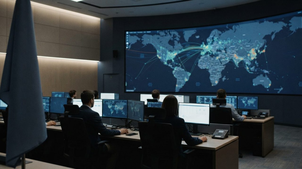 Illustration: High-tech cybersecurity operations center with analysts monitoring global digital financial networks on large digital map displays, cine