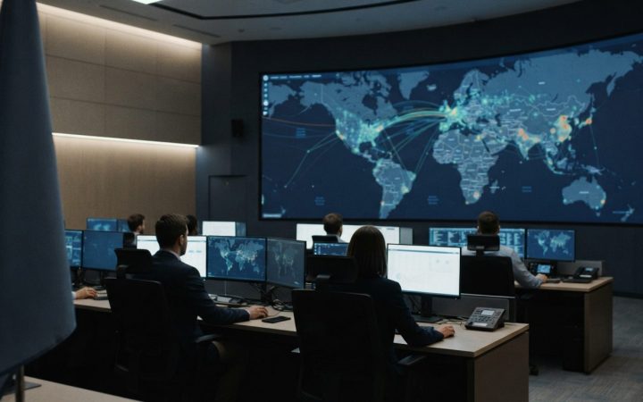 Illustration: High-tech cybersecurity operations center with analysts monitoring global digital financial networks on large digital map displays, cine