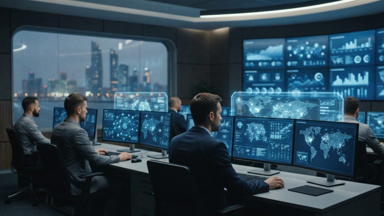 Illustration: A modern cyber defence and financial surveillance control room with glowing blue holographic displays showing global digital network nod