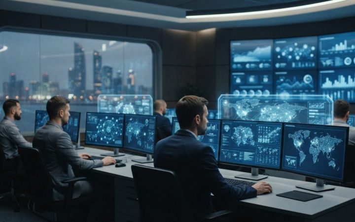 Illustration: A modern cyber defence and financial surveillance control room with glowing blue holographic displays showing global digital network nod
