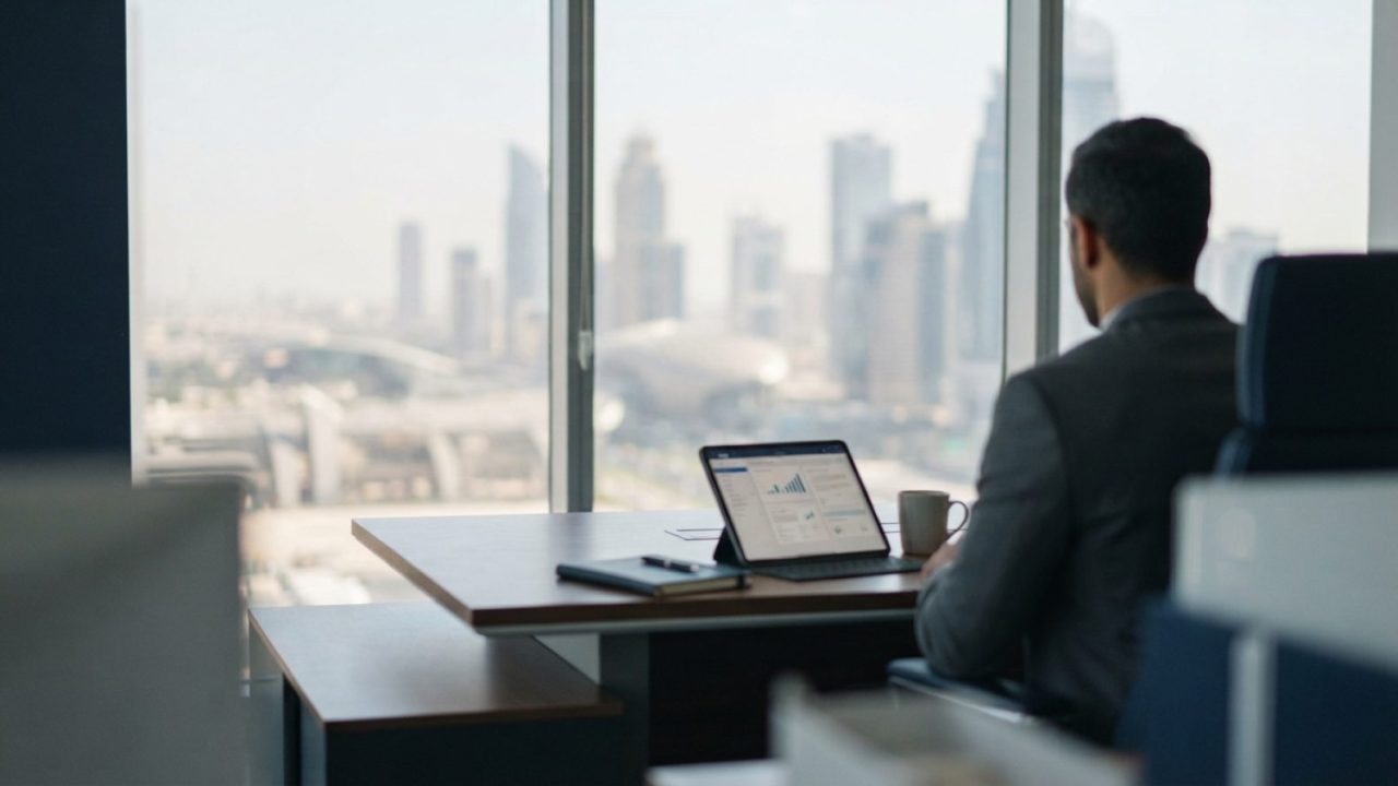 Illustration: A modern office desk in Dubai with an open tablet displaying digital transaction contracts and regulatory compliance checklists, set aga