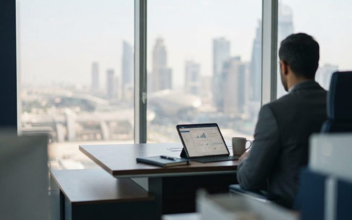 Illustration: A modern office desk in Dubai with an open tablet displaying digital transaction contracts and regulatory compliance checklists, set aga