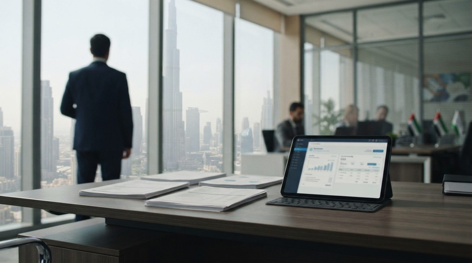 Illustration: A modern corporate office desk in Dubai with financial paperwork, digital tablet showing tax and invoice software, overlooking the downt